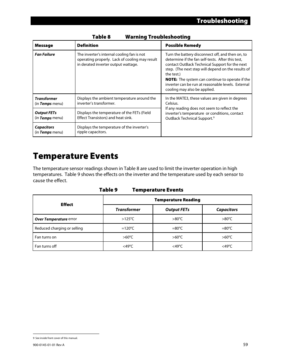 Temperature events, E 59.), E 59 | Troubleshooting | Outback Power Systems GS3548E Operators Manual User Manual | Page 61 / 76