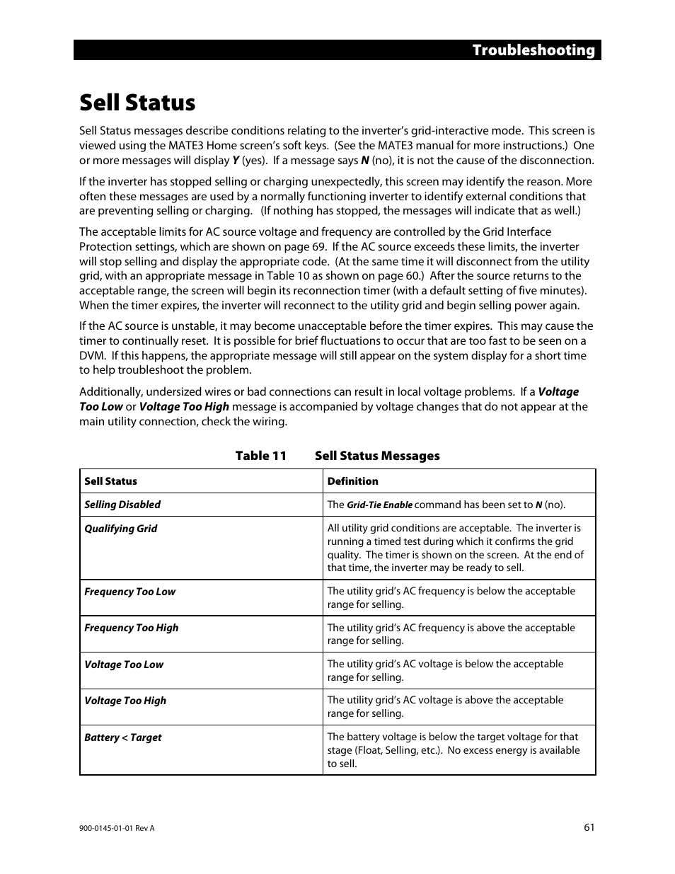 Sell status, E 61, Troubleshooting | Outback Power Systems GS3548E Operators Manual User Manual | Page 63 / 76