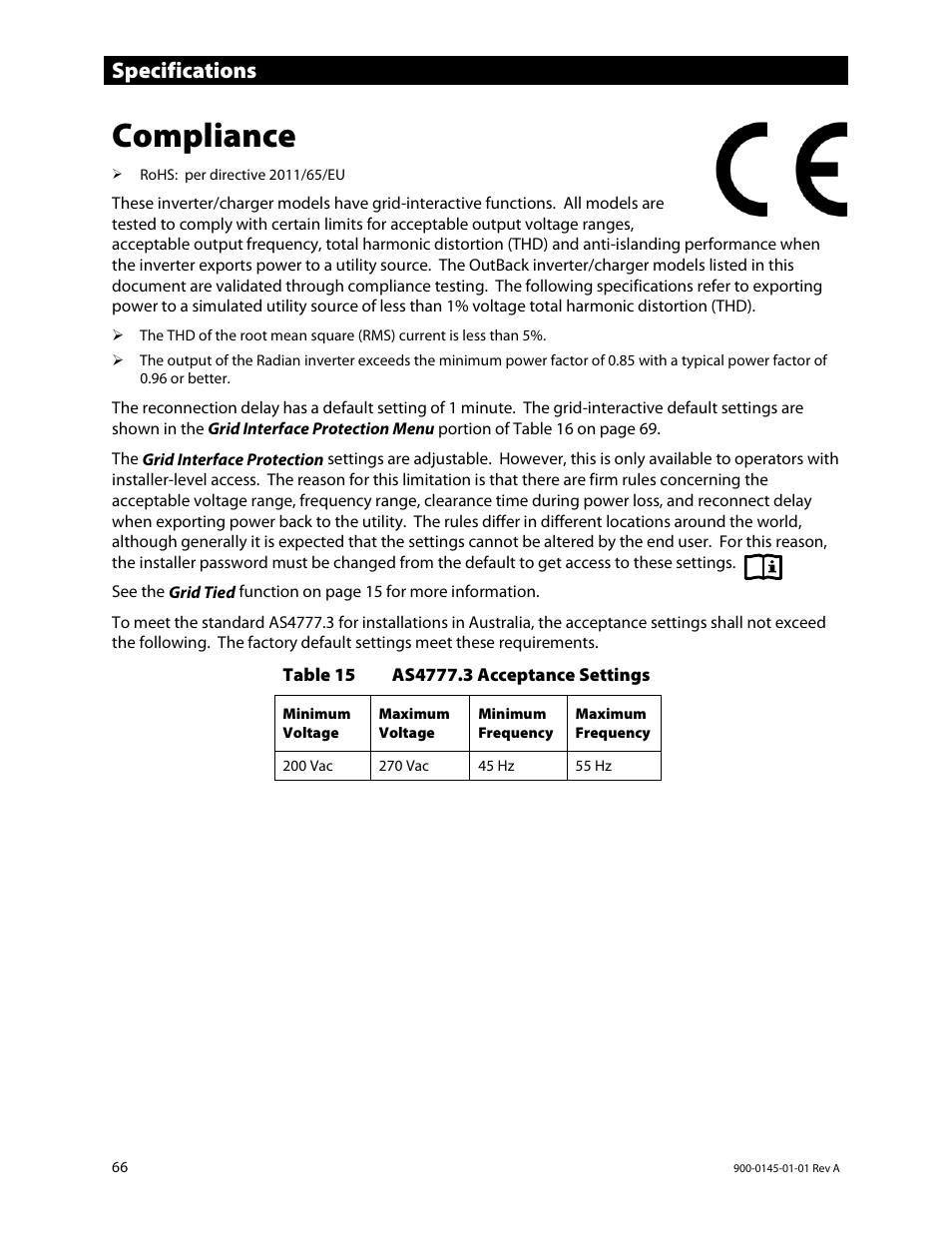 Compliance, Specifications | Outback Power Systems GS3548E Operators Manual User Manual | Page 68 / 76