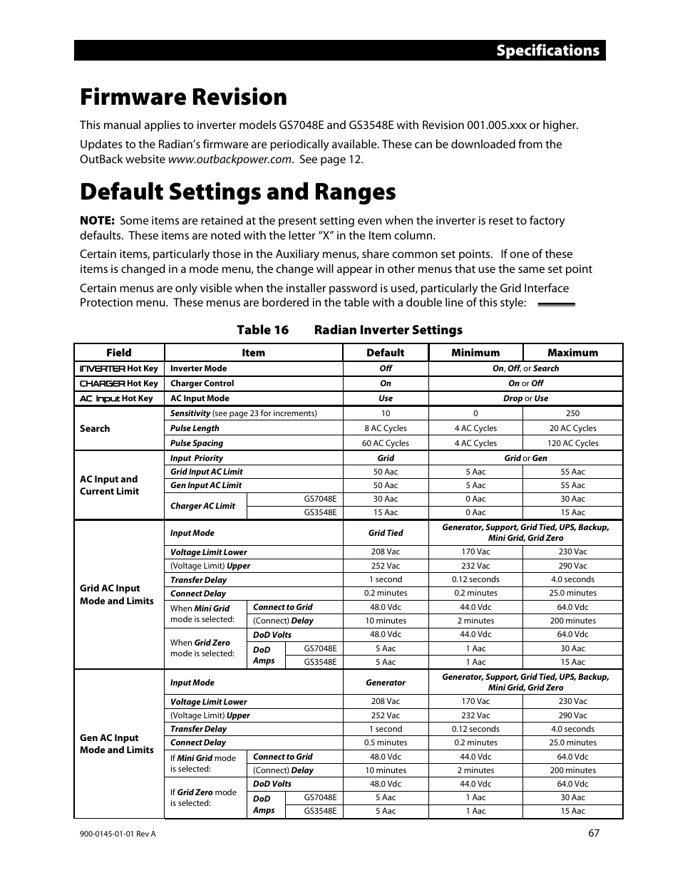 Firmware revision, Default settings and ranges, S 67 | Ee table 16, Ge 67 f, N table 16, Es 67 a, Ee table 16 on, E 67 f, E 67 | Outback Power Systems GS3548E Operators Manual User Manual | Page 69 / 76