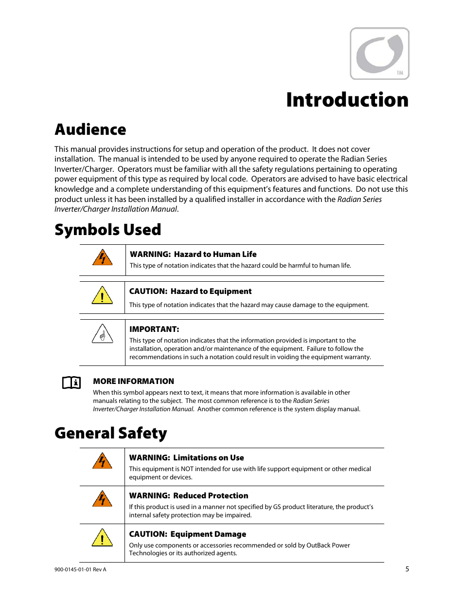 Introduction, Audience, Symbols used | General safety | Outback Power Systems GS3548E Operators Manual User Manual | Page 7 / 76