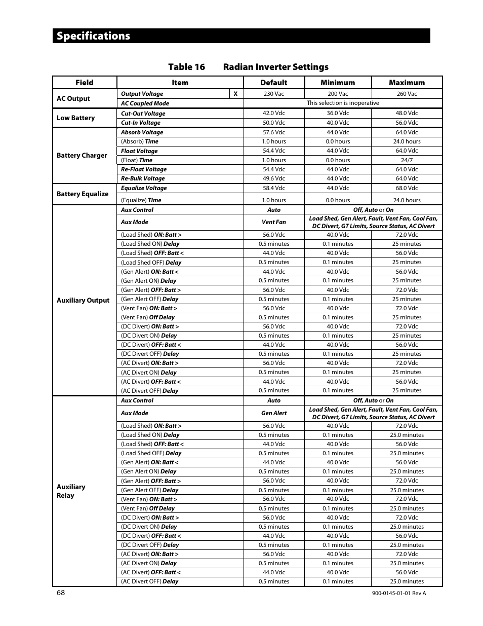 Specifications, Table 16 radian inverter settings | Outback Power Systems GS3548E Operators Manual User Manual | Page 70 / 76