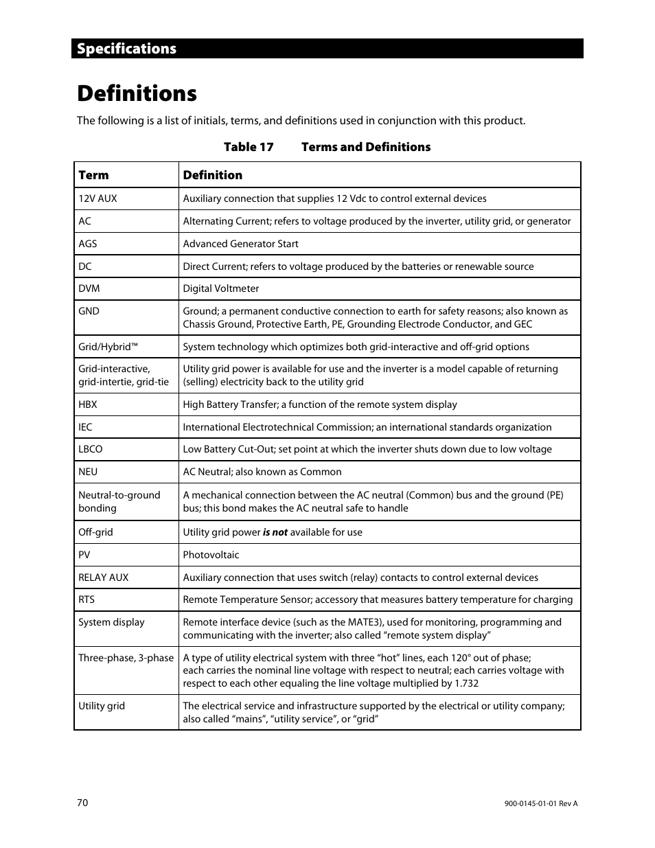 Definitions, Specifications | Outback Power Systems GS3548E Operators Manual User Manual | Page 72 / 76