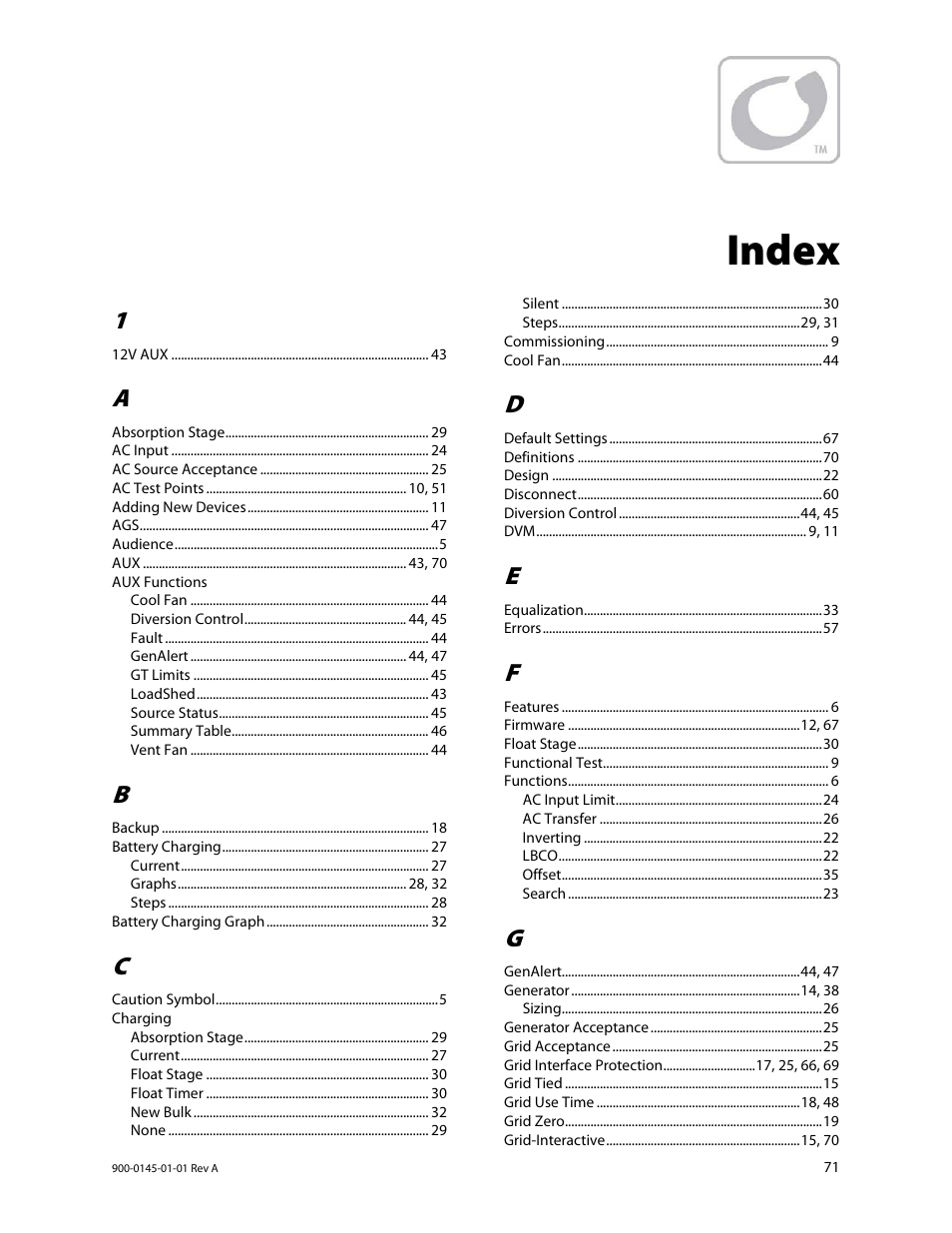 Index | Outback Power Systems GS3548E Operators Manual User Manual | Page 73 / 76