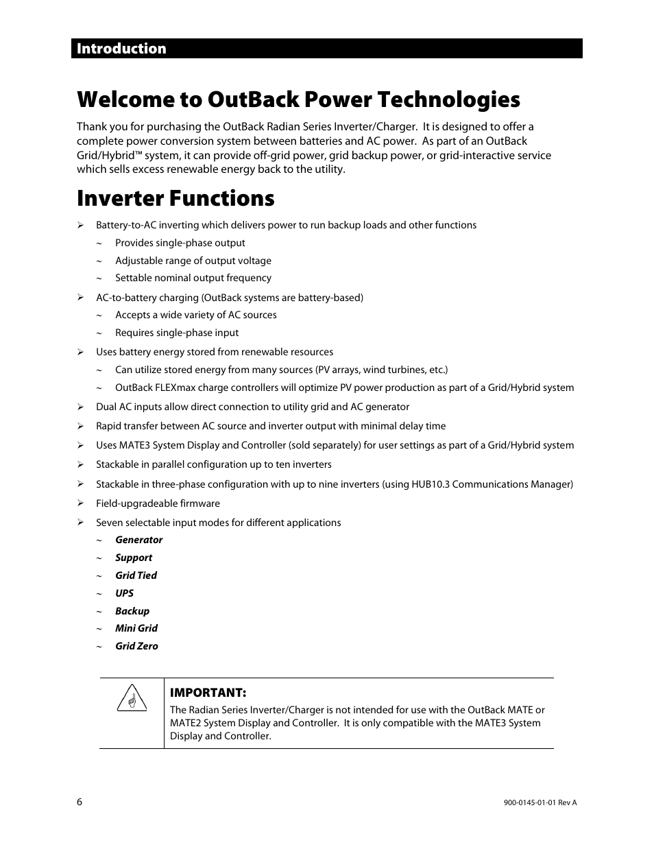 Welcome to outback power technologies, Inverter functions, Introduction | Outback Power Systems GS3548E Operators Manual User Manual | Page 8 / 76