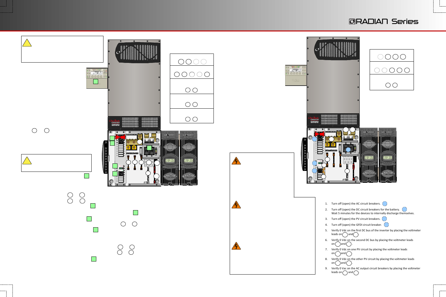 Radian series, Energize/startup procedures, De-energize/shutdown procedures | Functional test points, Warning: lethal voltage, Warning: burn hazard | Outback Power Systems GS3548E Quick Start Guide User Manual | Page 3 / 4