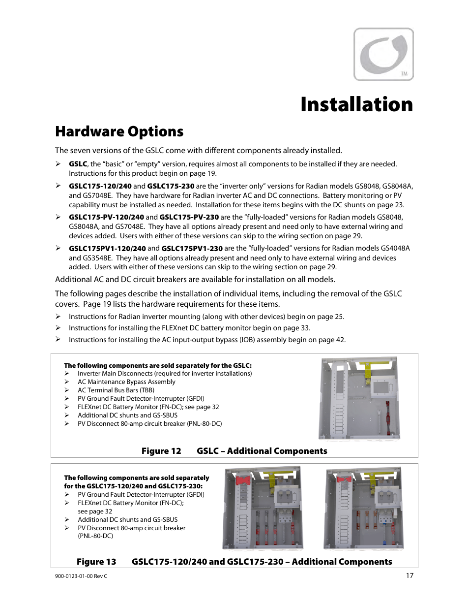 Installation, Hardware options | Outback Power Systems GS Load Center Installation Manual User Manual | Page 19 / 60