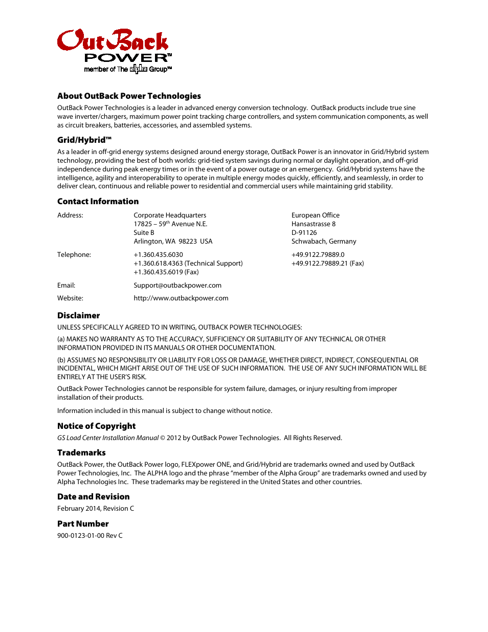 Outback Power Systems GS Load Center Installation Manual User Manual | Page 2 / 60