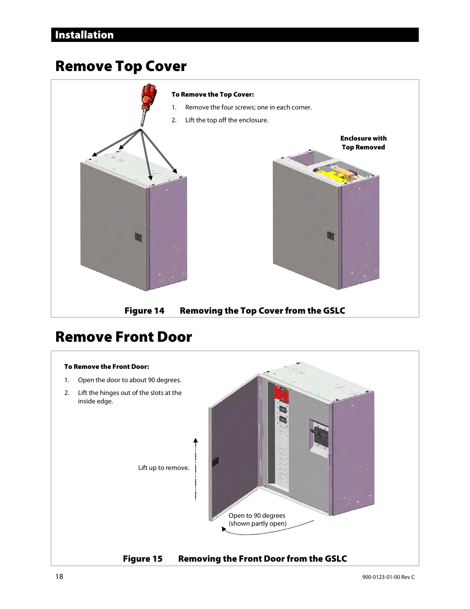 Remove top cover, Remove front door, Installation | Outback Power Systems GS Load Center Installation Manual User Manual | Page 20 / 60