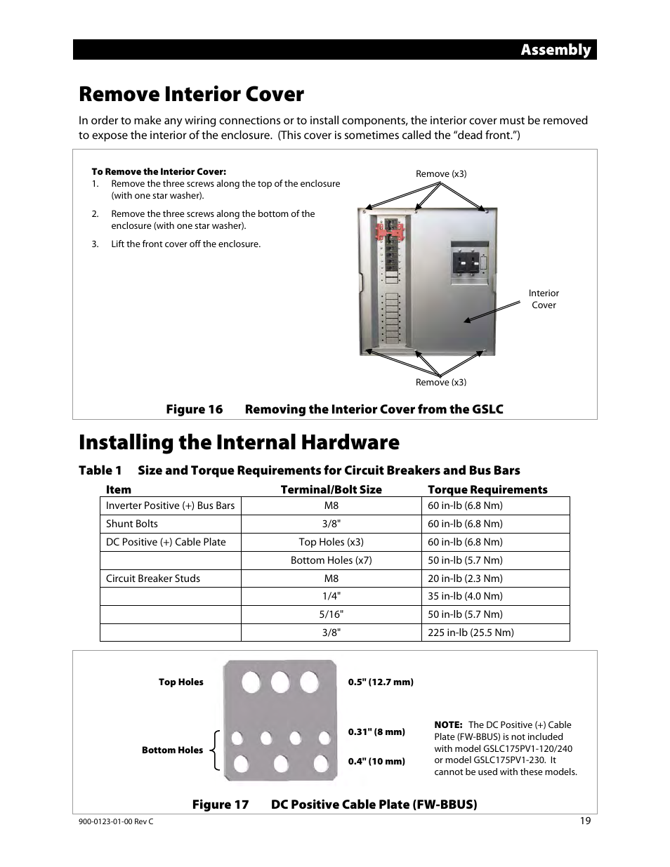 Remove interior cover, Installing the internal hardware, E 19 | E 19 l, Assembly | Outback Power Systems GS Load Center Installation Manual User Manual | Page 21 / 60