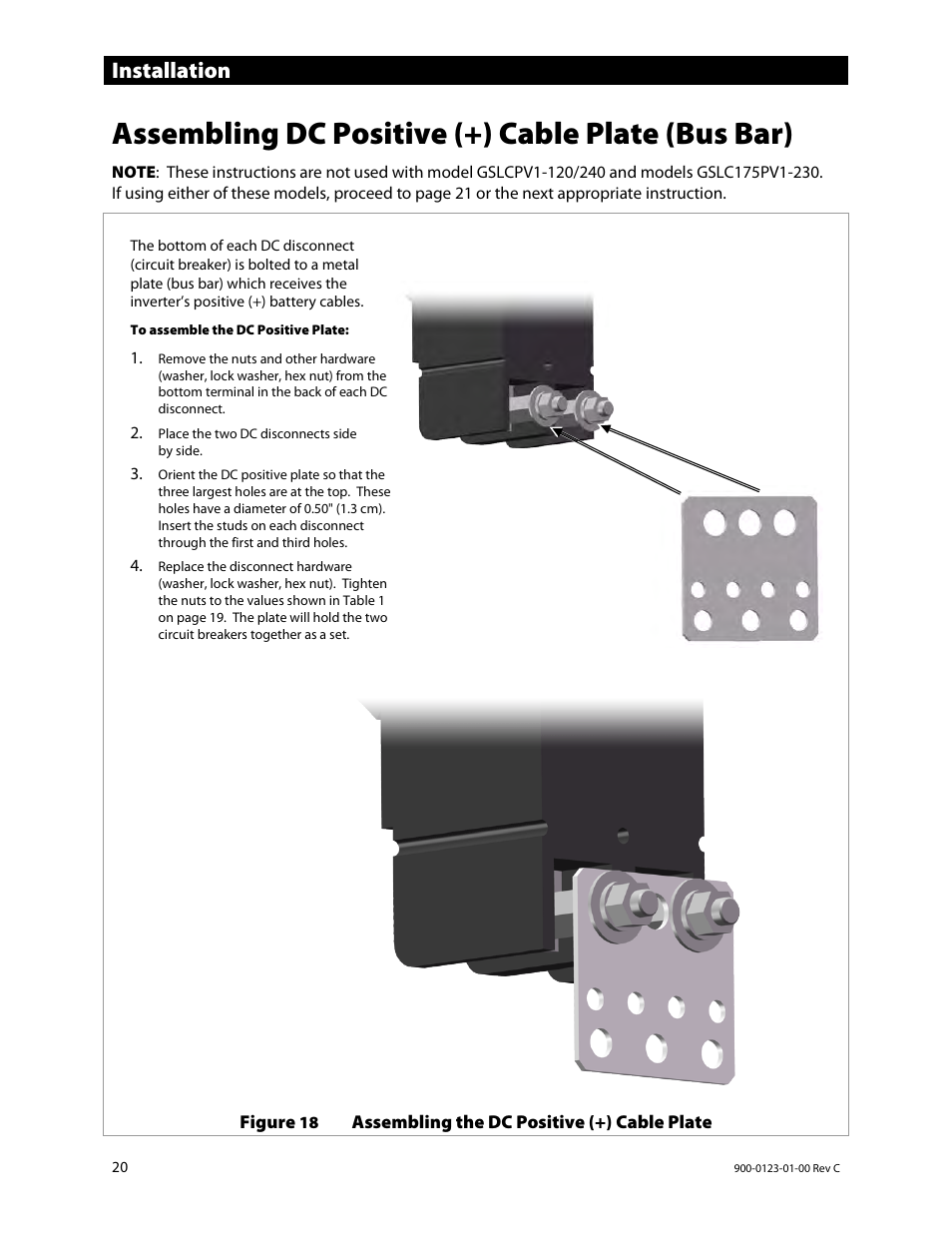 Assembling dc positive (+) cable plate (bus bar), Installation | Outback Power Systems GS Load Center Installation Manual User Manual | Page 22 / 60