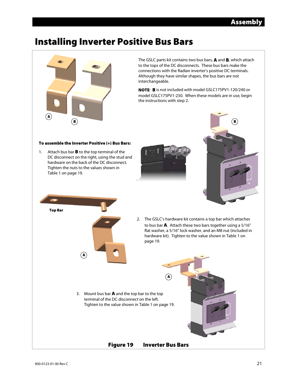 Installing inverter positive bus bars, E 21, Assembly | Outback Power Systems GS Load Center Installation Manual User Manual | Page 23 / 60