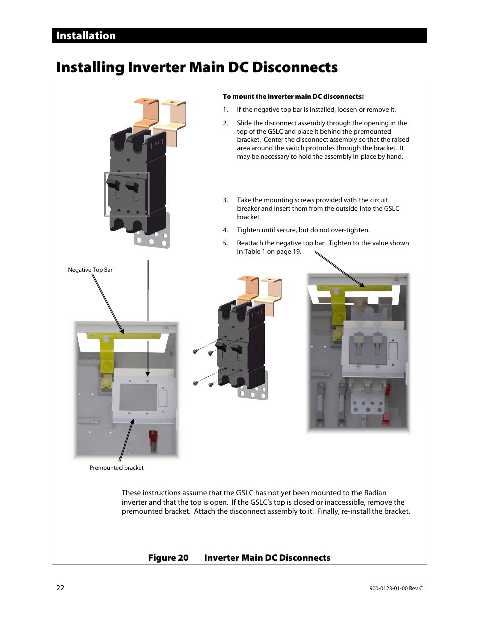 Installing inverter main dc disconnects, Installation | Outback Power Systems GS Load Center Installation Manual User Manual | Page 24 / 60
