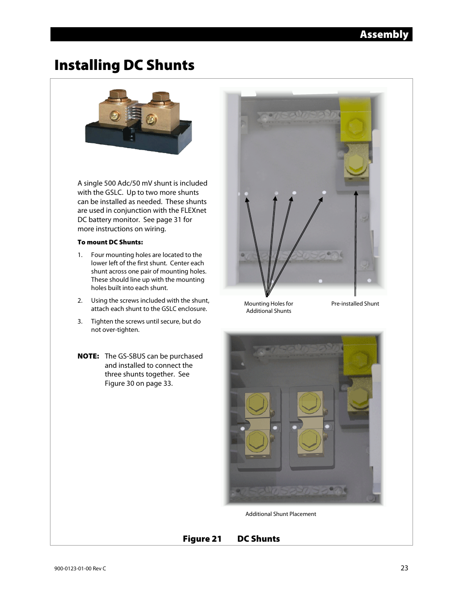 Installing dc shunts, E 23, Assembly | Outback Power Systems GS Load Center Installation Manual User Manual | Page 25 / 60