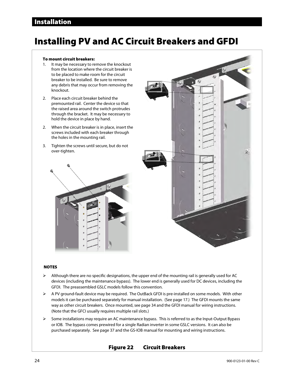 Installing pv and ac circuit breakers and gfdi, Installation | Outback Power Systems GS Load Center Installation Manual User Manual | Page 26 / 60