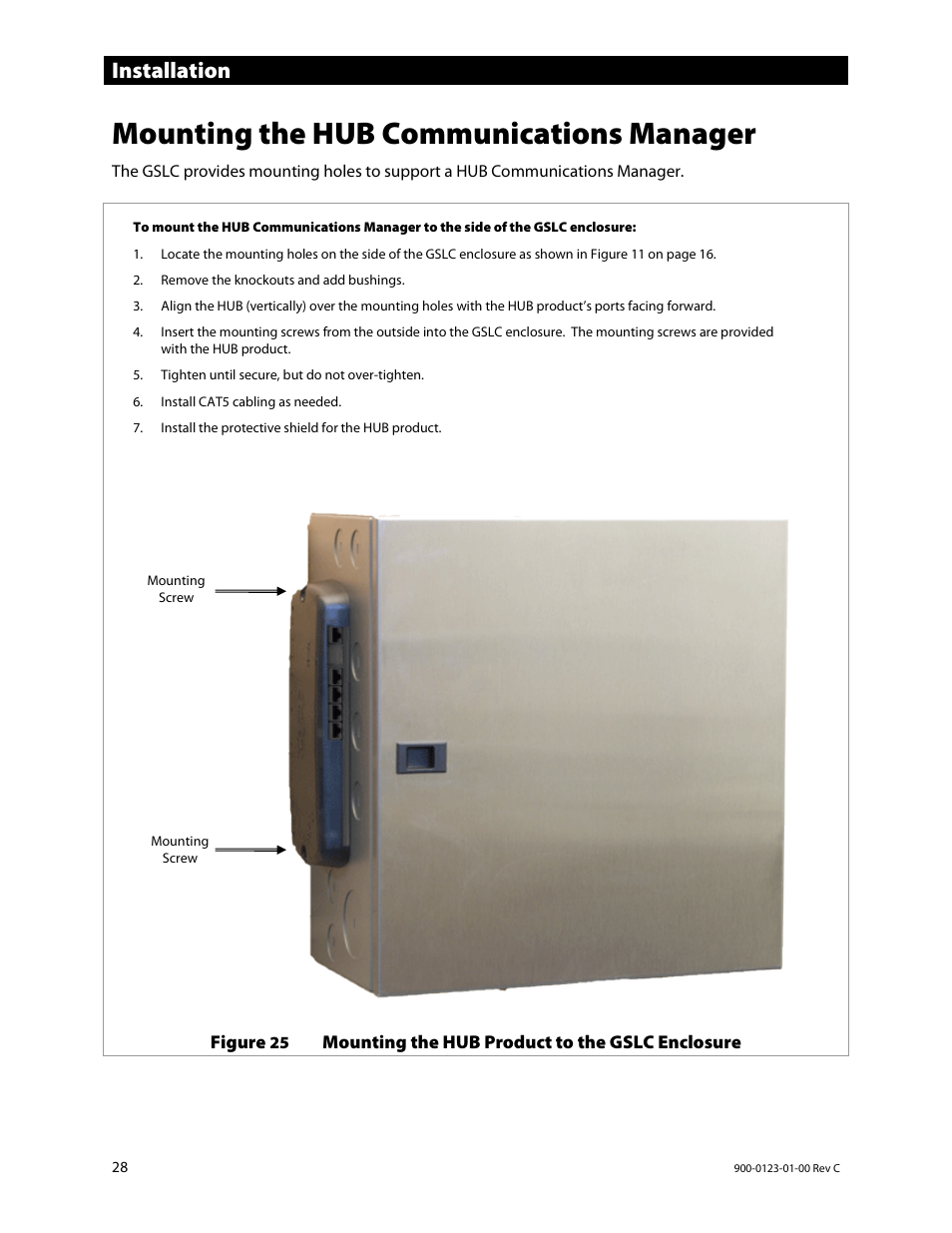 Mounting the hub communications manager, Installation | Outback Power Systems GS Load Center Installation Manual User Manual | Page 30 / 60