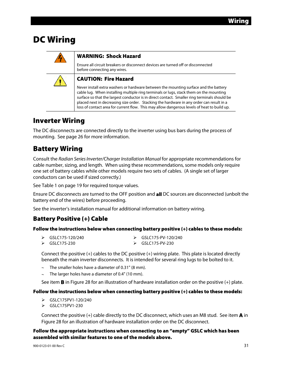 Dc wiring, Inverter wiring, Battery wiring | Battery positive (+) cable, E 31 fo, Wiring | Outback Power Systems GS Load Center Installation Manual User Manual | Page 33 / 60
