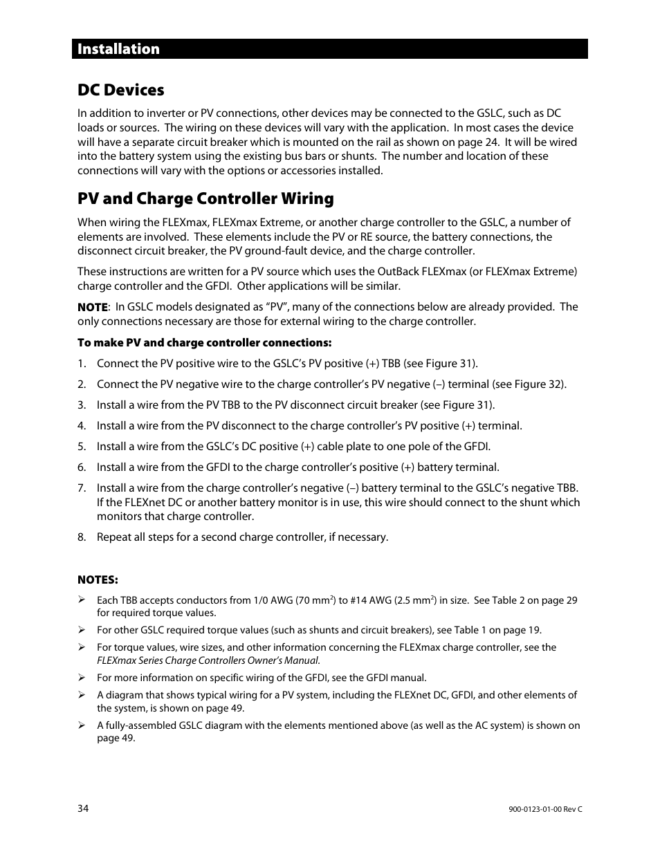 Dc devices, Pv and charge controller wiring, E 34 an | Installation | Outback Power Systems GS Load Center Installation Manual User Manual | Page 36 / 60