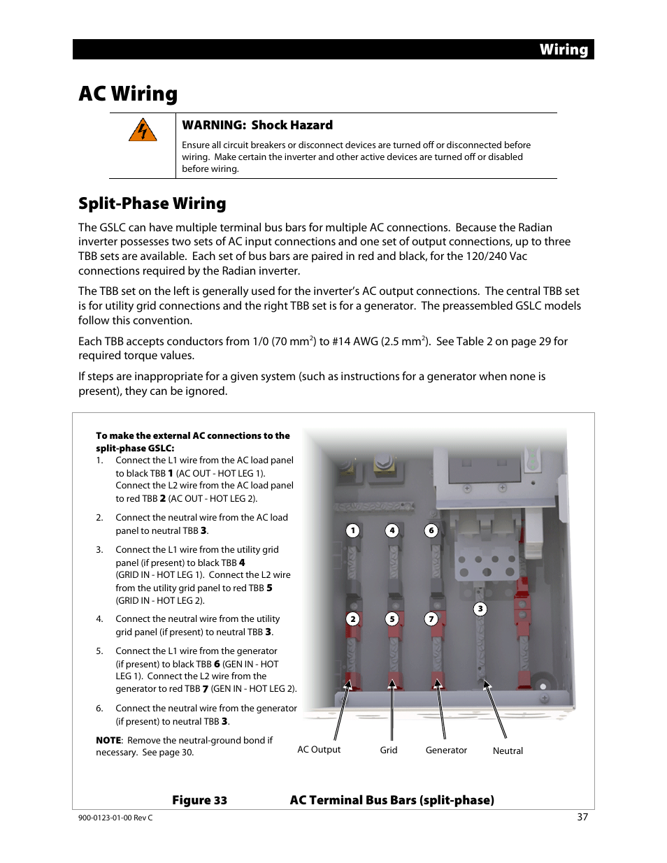 Ac wiring, Split-phase wiring, E 37 a | Wiring | Outback Power Systems GS Load Center Installation Manual User Manual | Page 39 / 60