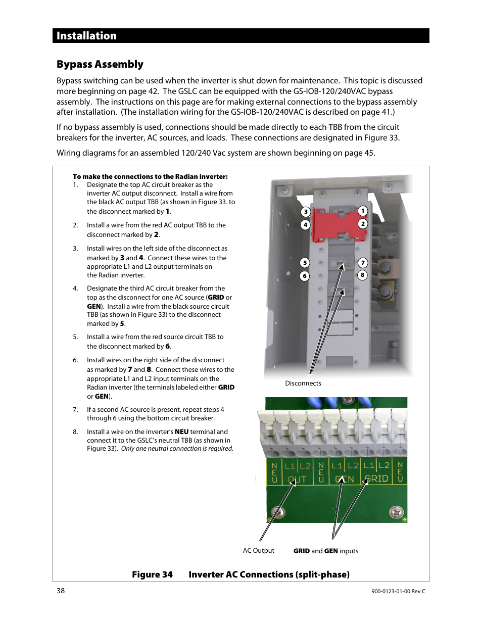 Bypass assembly, Installation, Figure 34 inverter ac connections (split-phase) | Outback Power Systems GS Load Center Installation Manual User Manual | Page 40 / 60