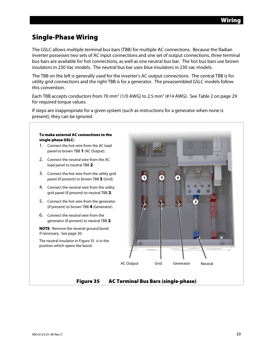 Single-phase wiring, Wiring | Outback Power Systems GS Load Center Installation Manual User Manual | Page 41 / 60