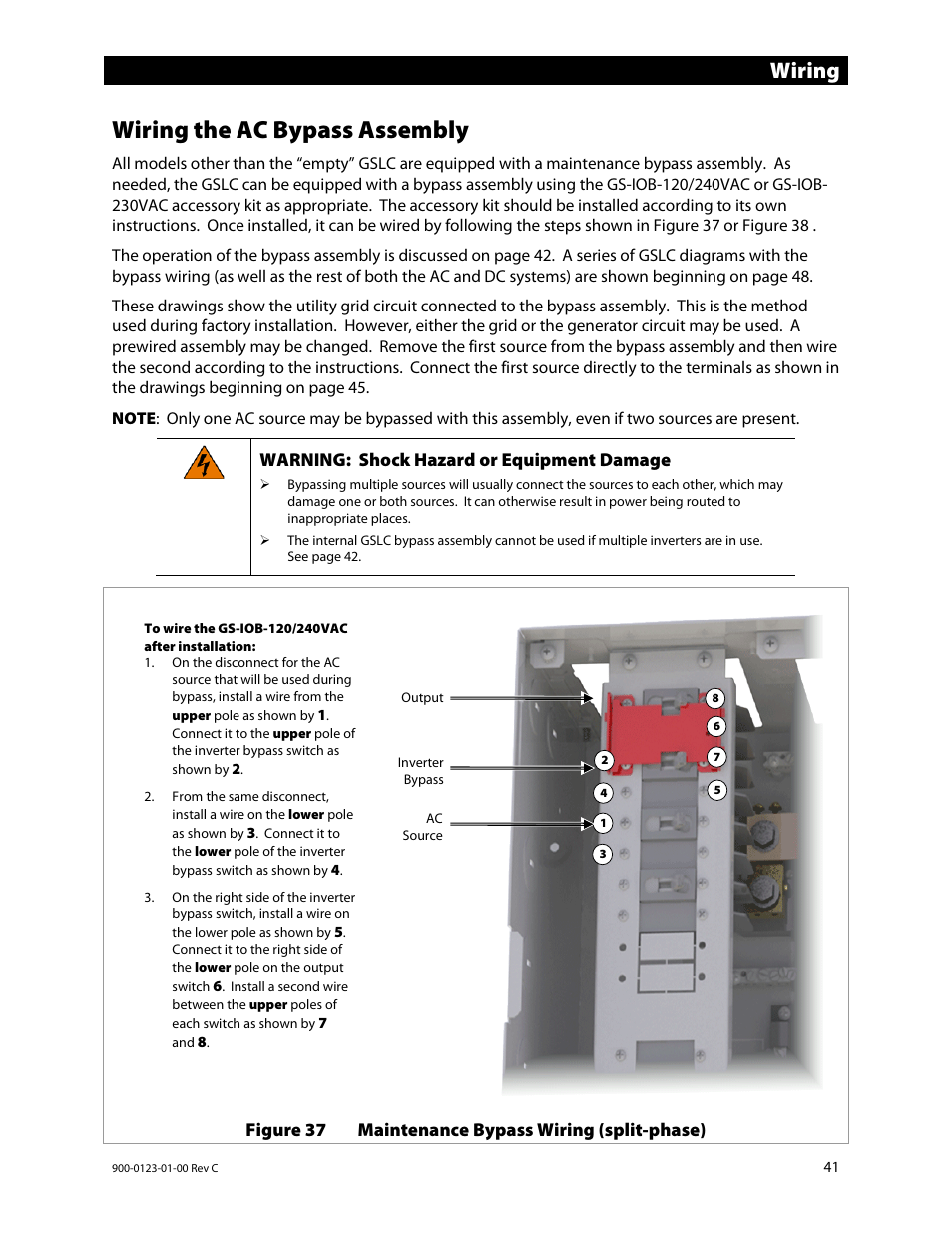 Wiring the ac bypass assembly, E 41.), Wiring | Outback Power Systems GS Load Center Installation Manual User Manual | Page 43 / 60