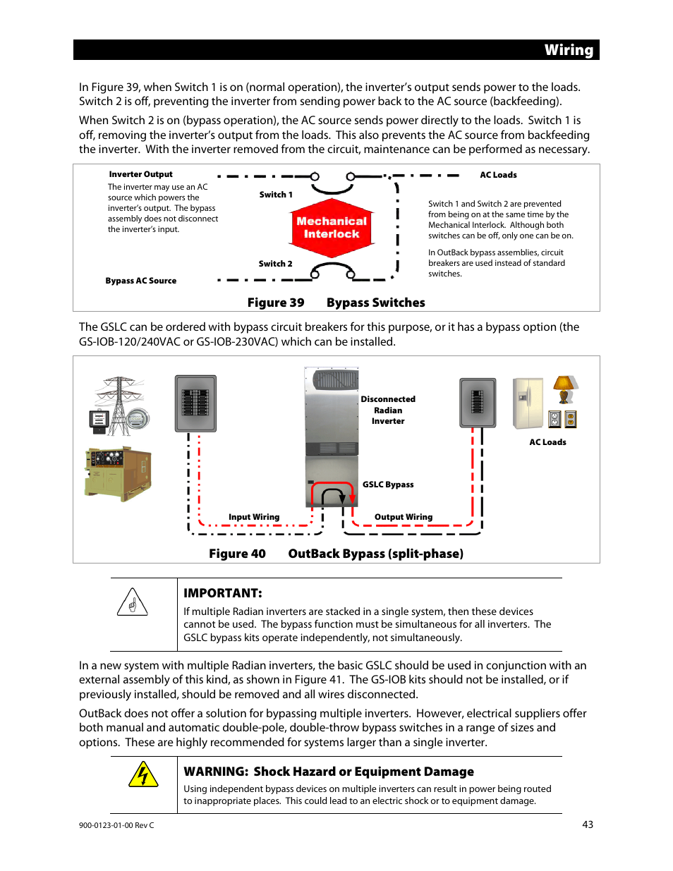 Wiring, Figure 39 bypass switches, Figure 40 outback bypass (split-phase) | Important, Warning: shock hazard or equipment damage | Outback Power Systems GS Load Center Installation Manual User Manual | Page 45 / 60