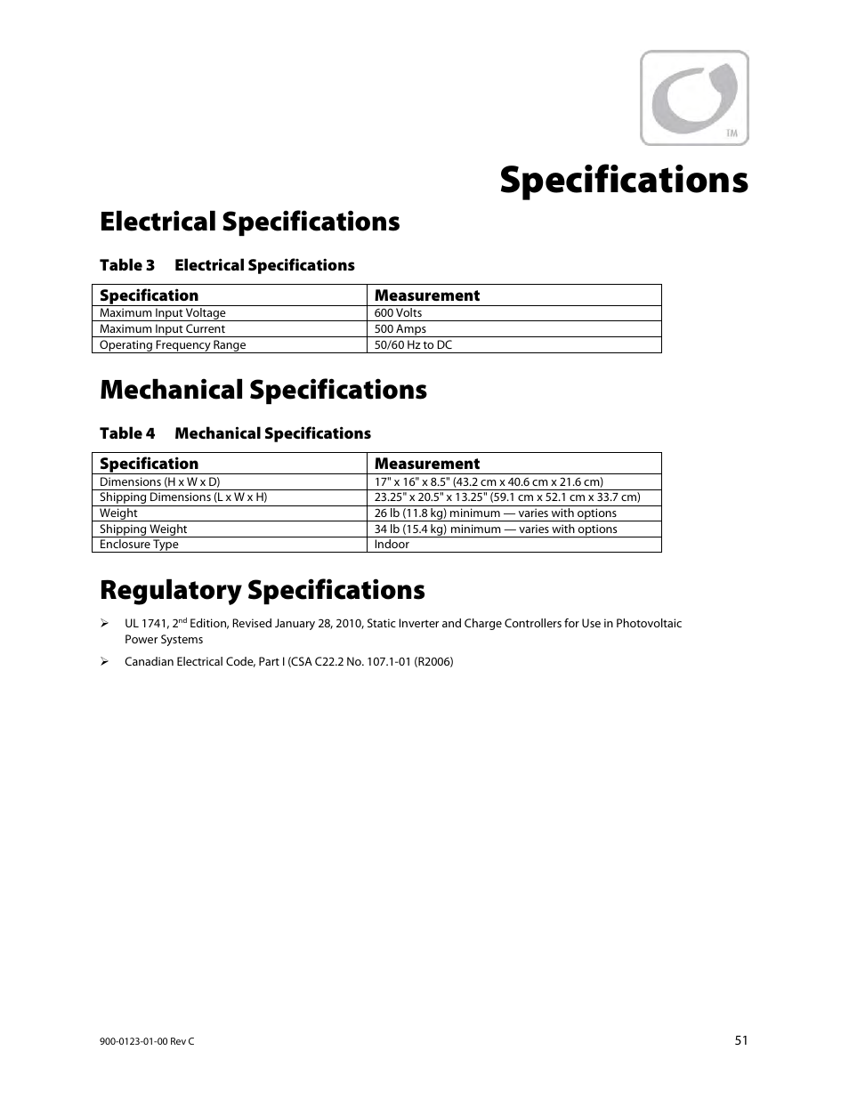Specifications, Electrical specifications, Mechanical specifications | Regulatory specifications | Outback Power Systems GS Load Center Installation Manual User Manual | Page 53 / 60
