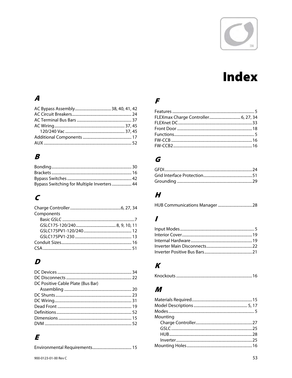 Index | Outback Power Systems GS Load Center Installation Manual User Manual | Page 55 / 60