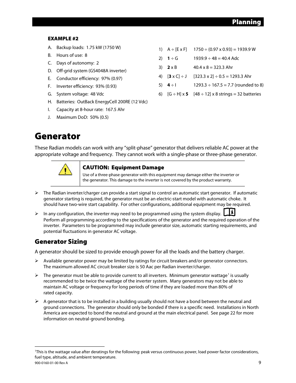 Generator, Planning, Generator sizing | Outback Power Systems GS4048A Installation Manual User Manual | Page 11 / 48