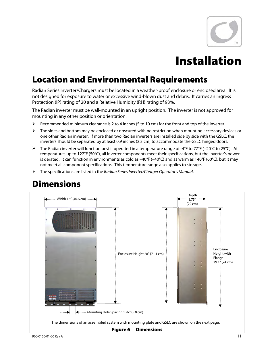 Installation, Location and environmental requirements, Dimensions | Outback Power Systems GS4048A Installation Manual User Manual | Page 13 / 48