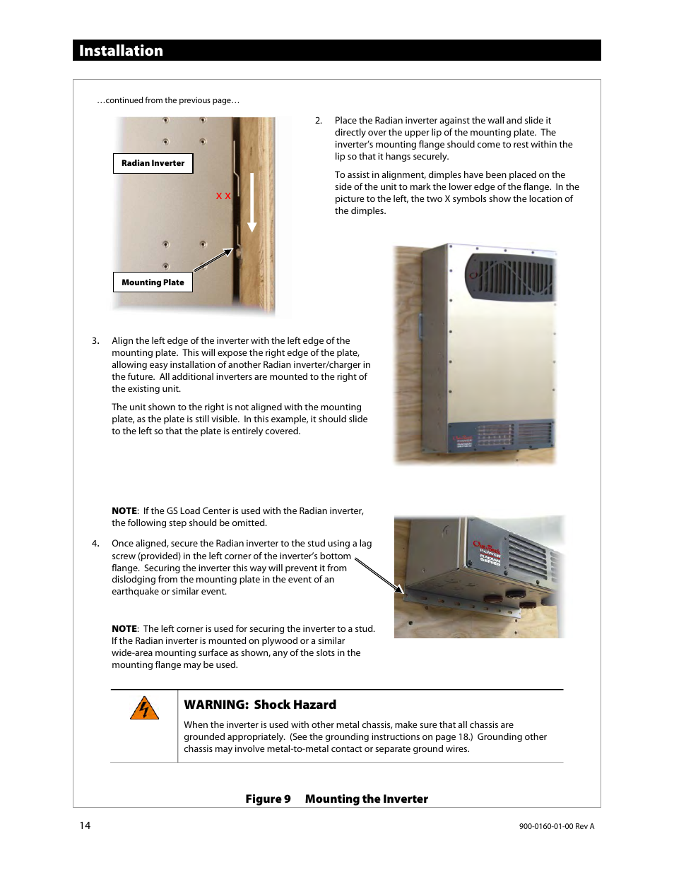 Installation, Warning: shock hazard | Outback Power Systems GS4048A Installation Manual User Manual | Page 16 / 48