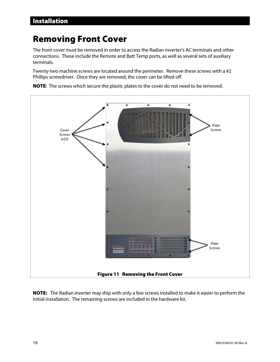 Removing front cover, Installation | Outback Power Systems GS4048A Installation Manual User Manual | Page 18 / 48