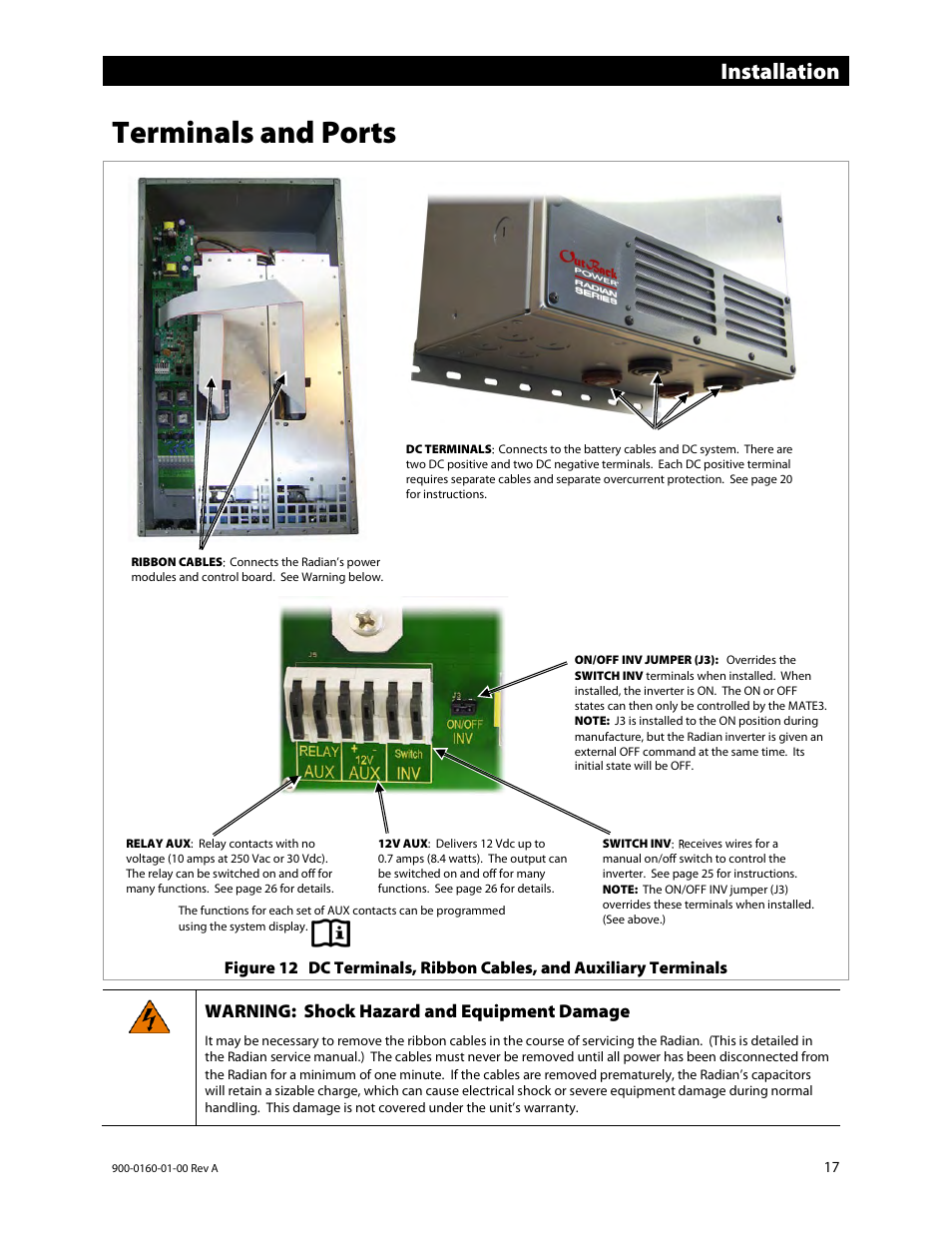 Terminals and ports, Installation, Warning: shock hazard and equipment damage | Outback Power Systems GS4048A Installation Manual User Manual | Page 19 / 48