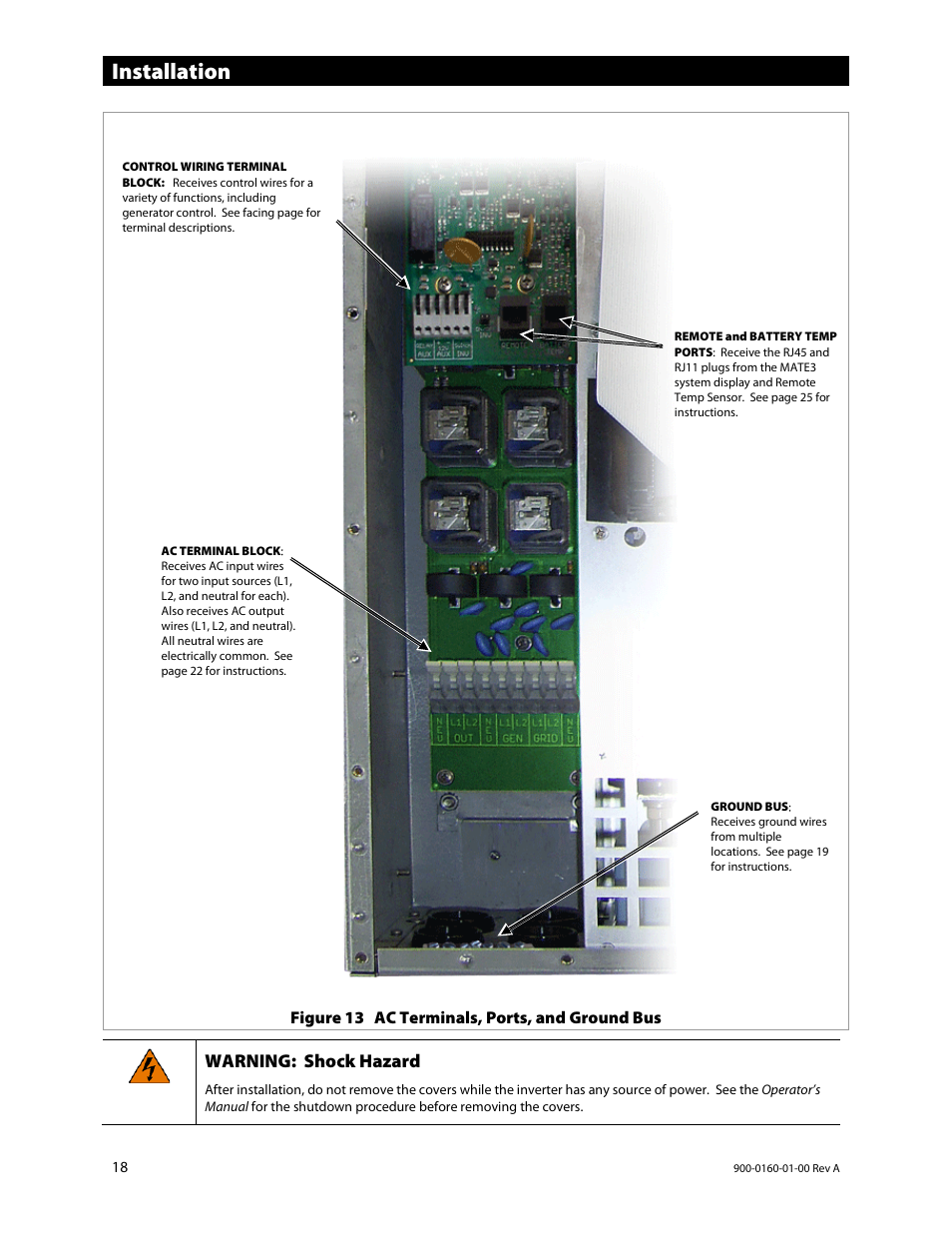 Installation, Warning: shock hazard, Figure 13 ac terminals, ports, and ground bus | Outback Power Systems GS4048A Installation Manual User Manual | Page 20 / 48