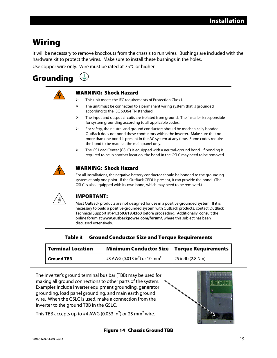 Wiring, Grounding, E 20 | E 19, Installation | Outback Power Systems GS4048A Installation Manual User Manual | Page 21 / 48