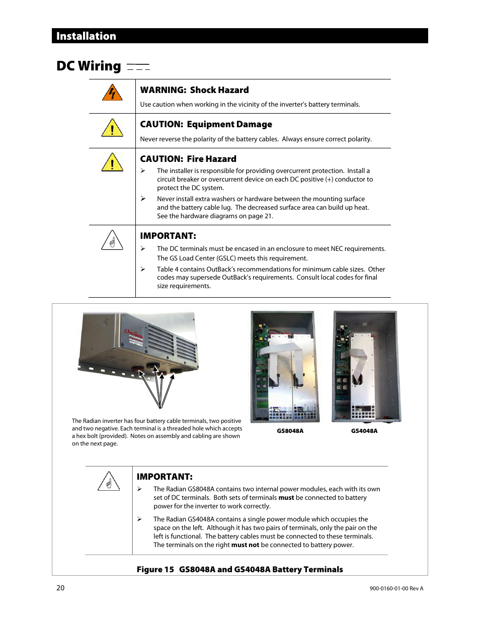 Dc wiring, Installation | Outback Power Systems GS4048A Installation Manual User Manual | Page 22 / 48