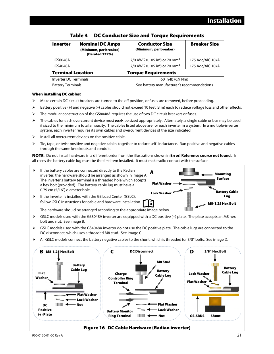 E 21, Table 4 co, Installation | Outback Power Systems GS4048A Installation Manual User Manual | Page 23 / 48