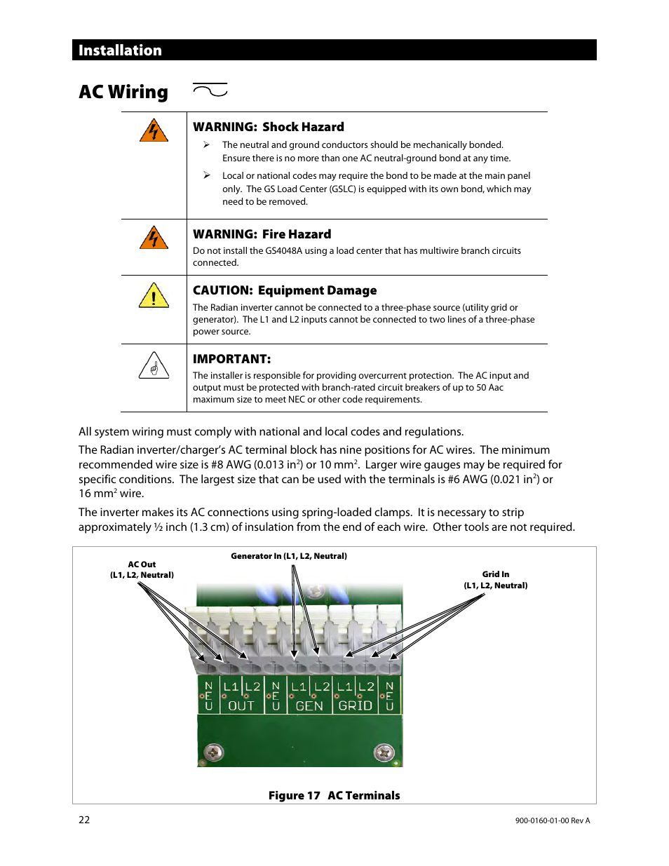 Ac wiring, Ge 22 f, Installation | Outback Power Systems GS4048A Installation Manual User Manual | Page 24 / 48