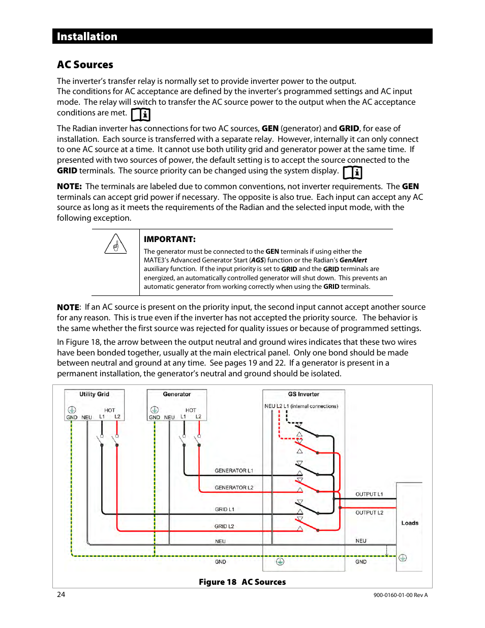 Ac sources, Installation | Outback Power Systems GS4048A Installation Manual User Manual | Page 26 / 48