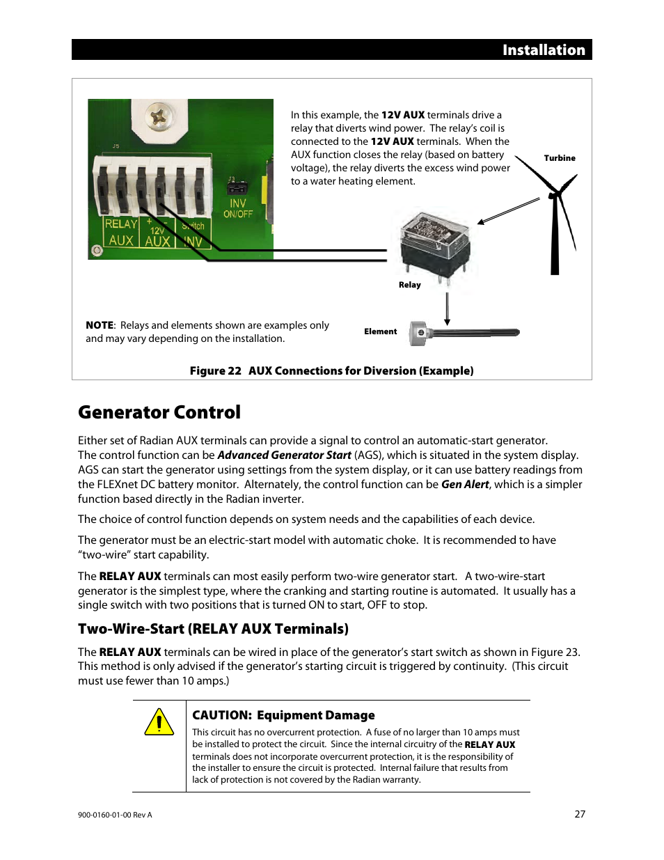 Generator control, Two-wire-start (relay aux terminals), Installation | Outback Power Systems GS4048A Installation Manual User Manual | Page 29 / 48