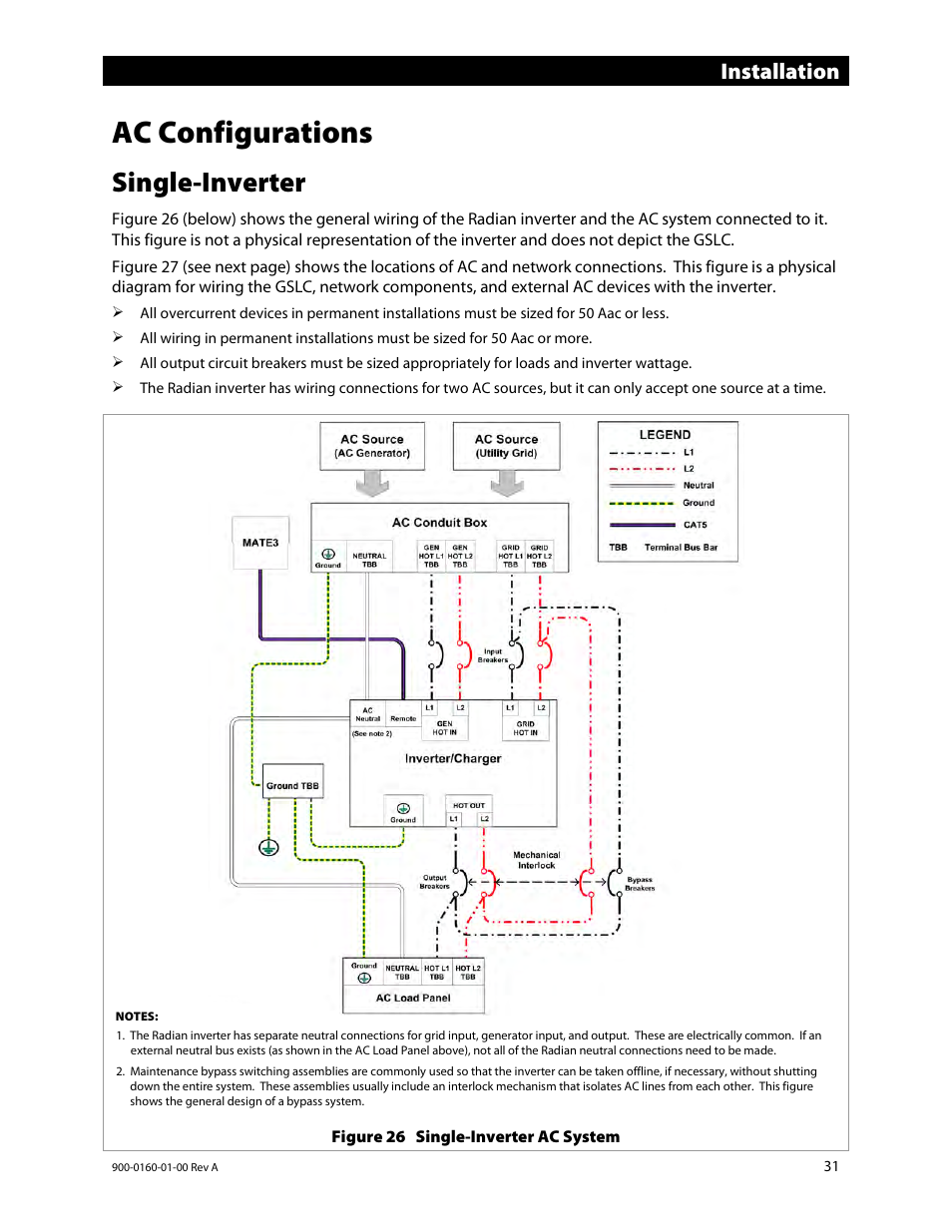 Ac configurations, Single-inverter, Installation | Outback Power Systems GS4048A Installation Manual User Manual | Page 33 / 48