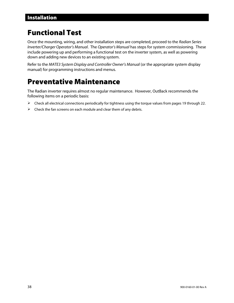 Functional test, Preventative maintenance, Installation | Outback Power Systems GS4048A Installation Manual User Manual | Page 40 / 48