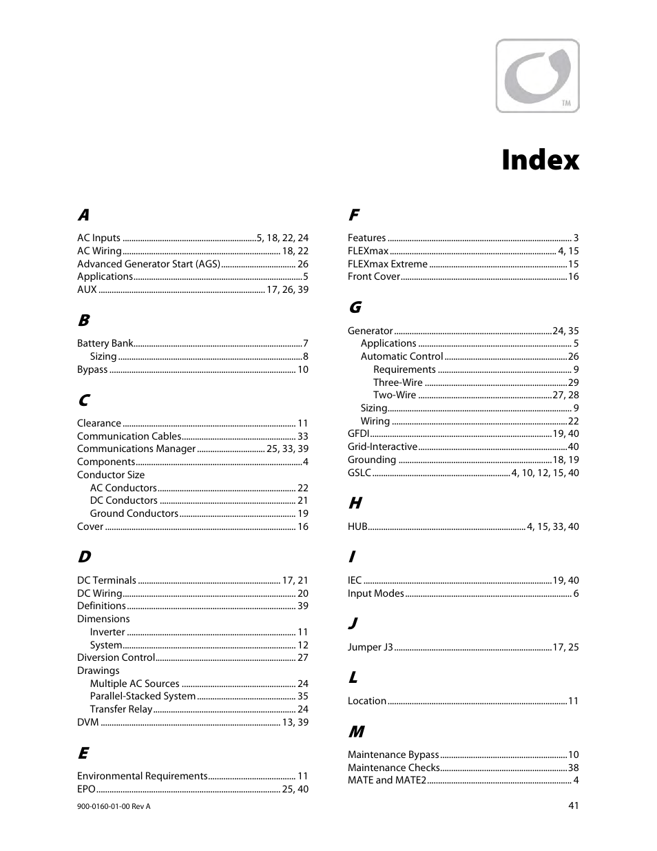 Index | Outback Power Systems GS4048A Installation Manual User Manual | Page 43 / 48