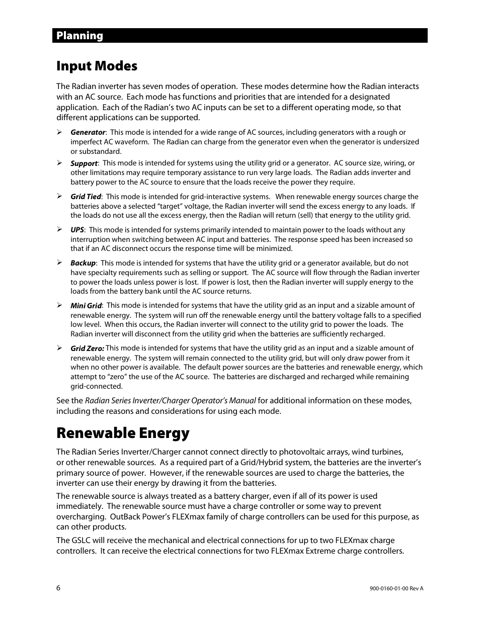 Input modes, Renewable energy, Planning | Outback Power Systems GS4048A Installation Manual User Manual | Page 8 / 48