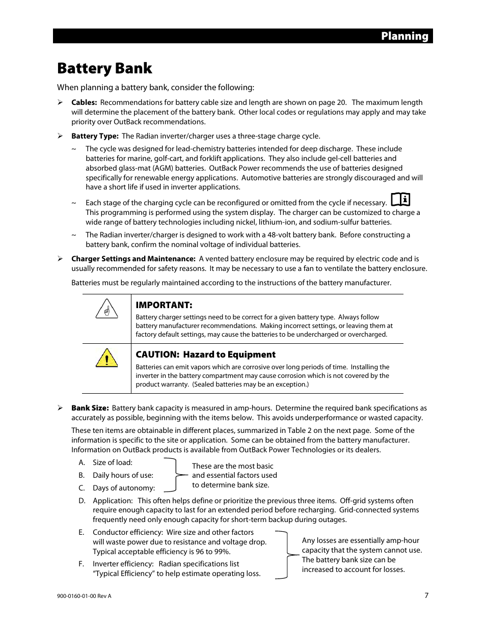 Battery bank, Planning | Outback Power Systems GS4048A Installation Manual User Manual | Page 9 / 48