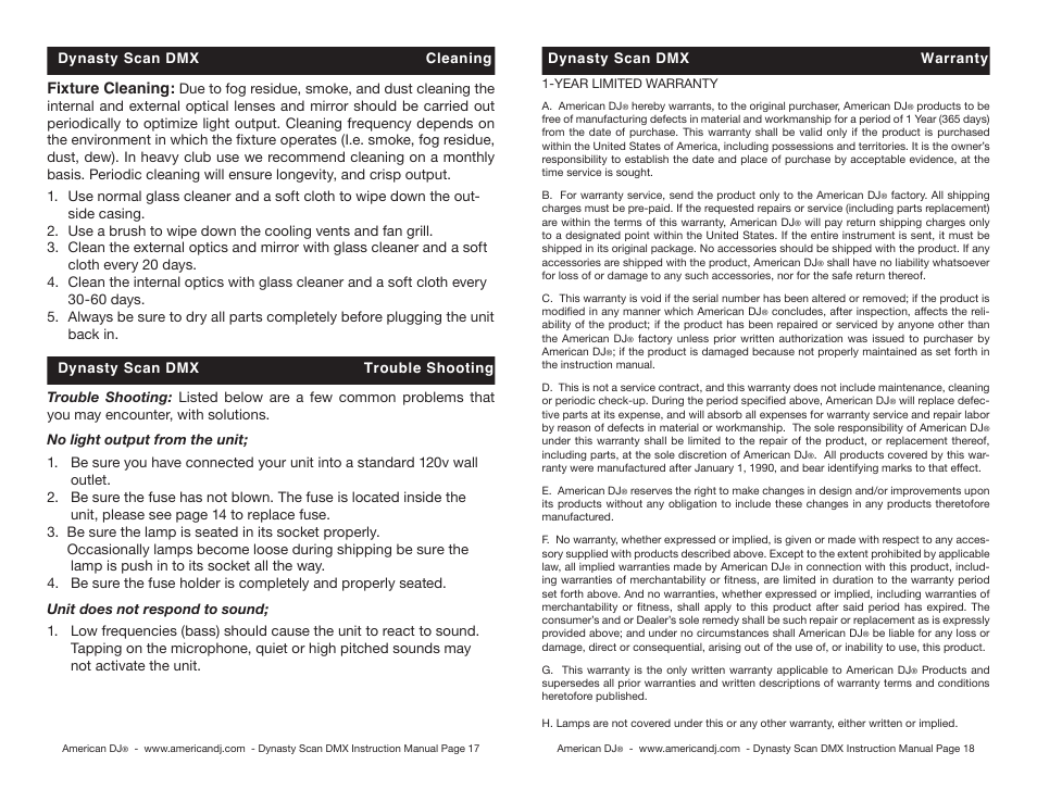 Fixture cleaning | American DJ DMX User Manual | Page 9 / 10