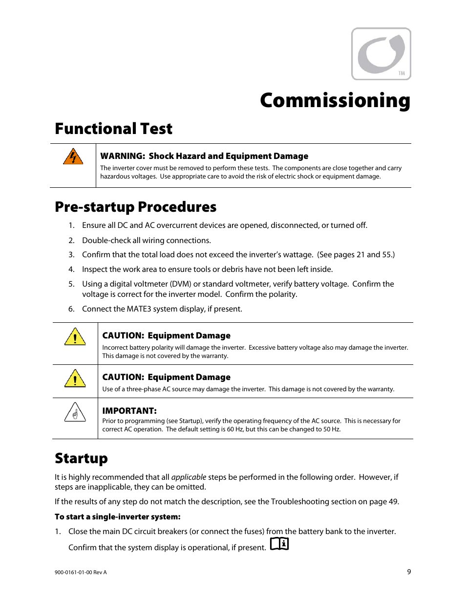 Commissioning, Functional test, Pre-startup procedures | Startup | Outback Power Systems GS4048A Operators Manual User Manual | Page 11 / 76