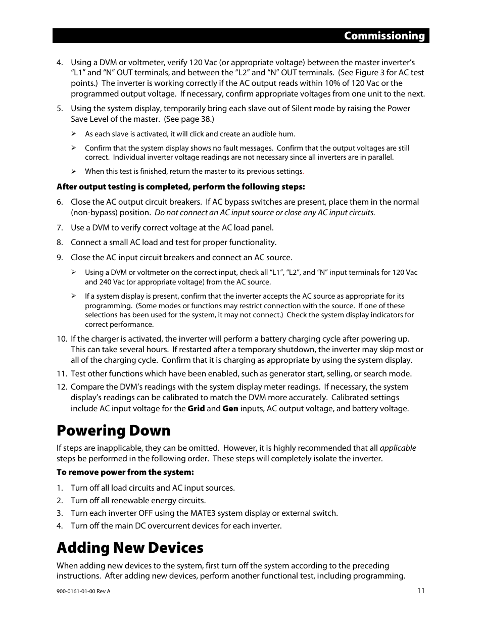 Powering down, Adding new devices, Commissioning | Outback Power Systems GS4048A Operators Manual User Manual | Page 13 / 76