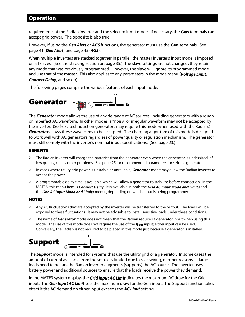 Generator, Support, Operation | Outback Power Systems GS4048A Operators Manual User Manual | Page 16 / 76